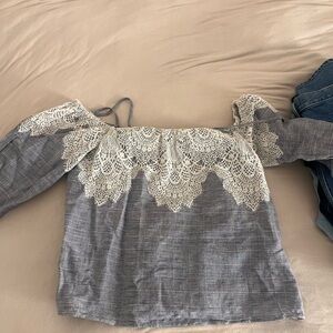 Zara Lace-Trim Off-Shoulder Women's Top in Gray and White